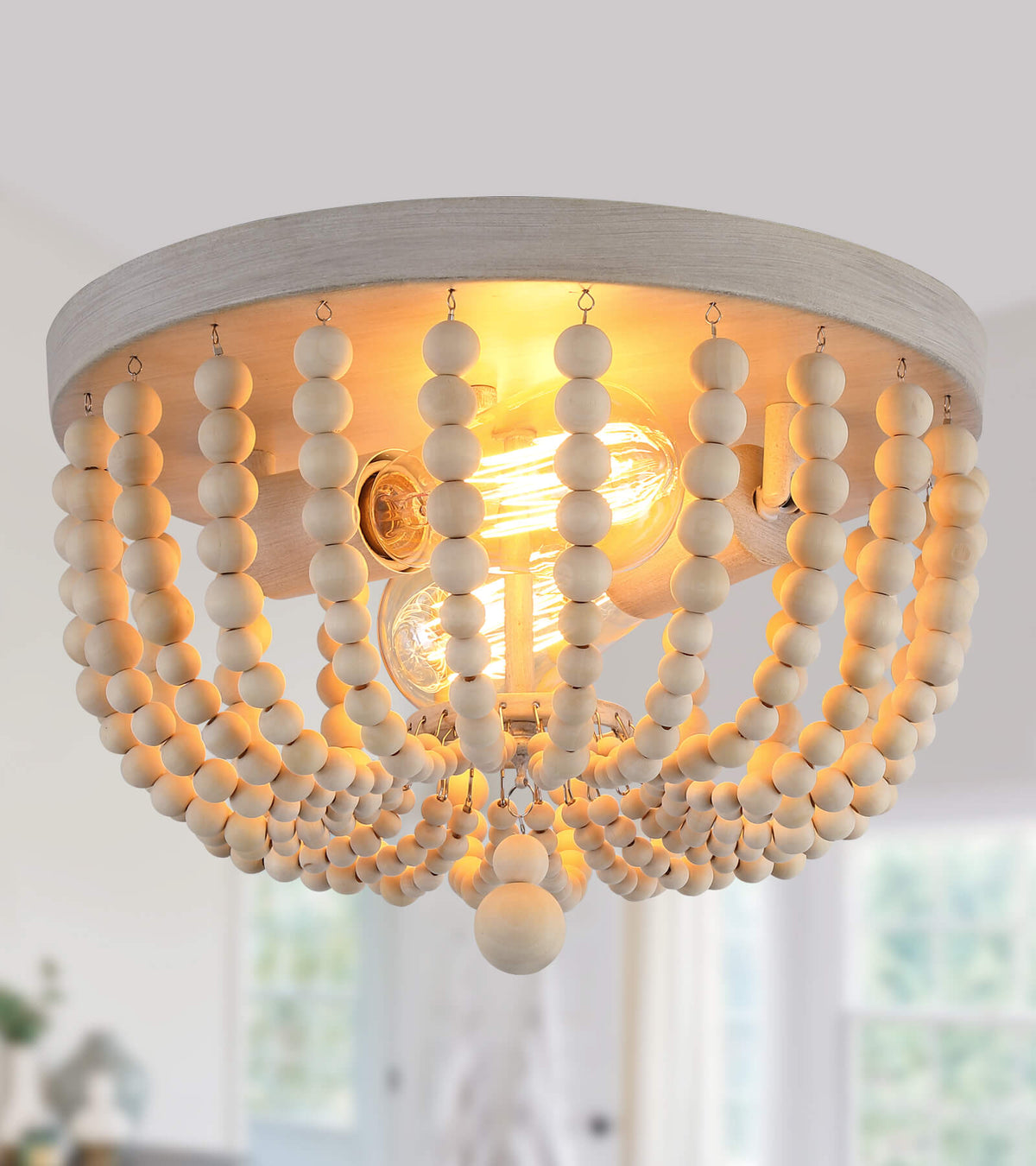 Q&S Boho Coastal Wood Beaded 2-Light Ceiling Light