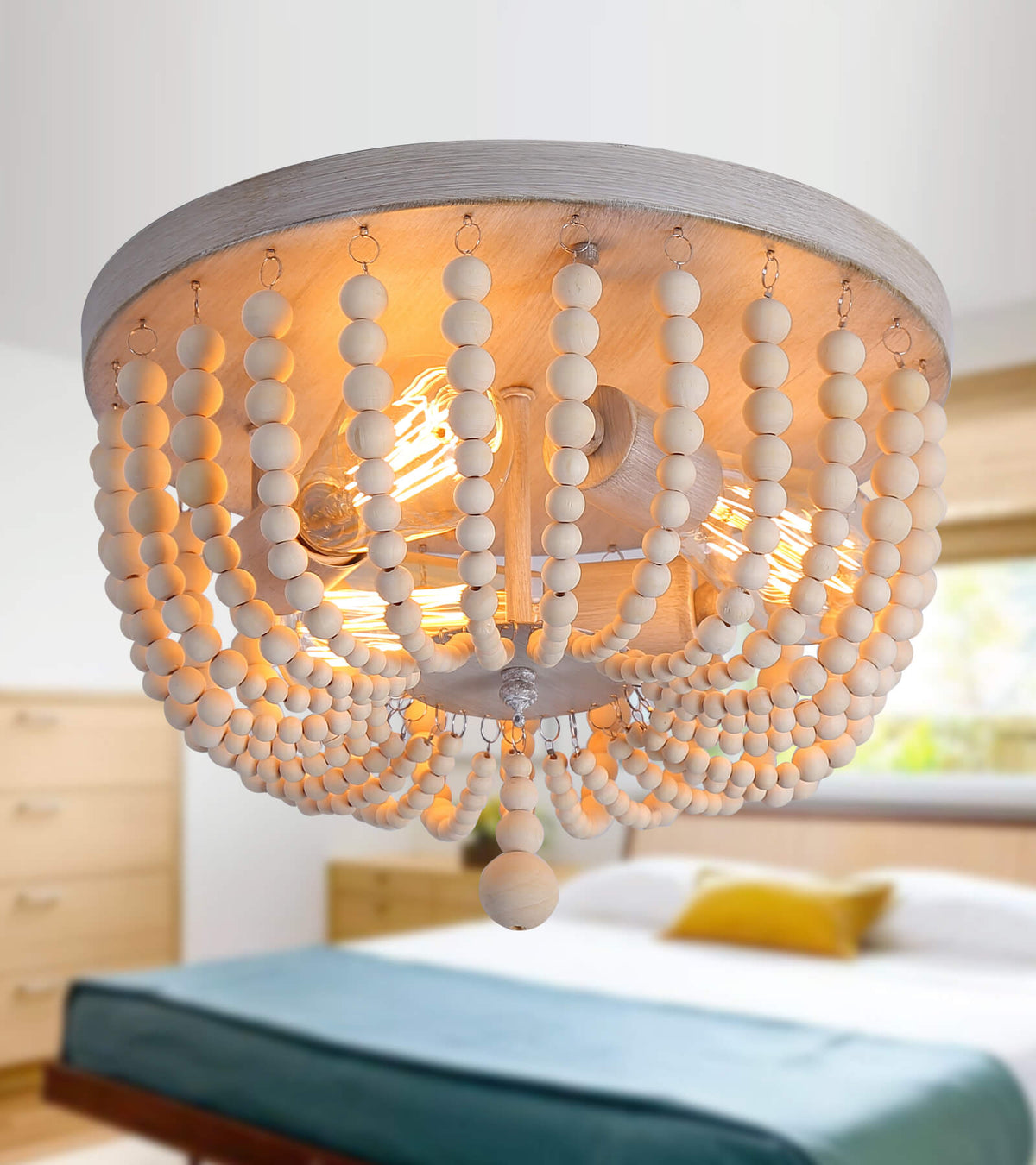 Q&S Boho Coastal Wood Beaded 3-Light Ceiling Light