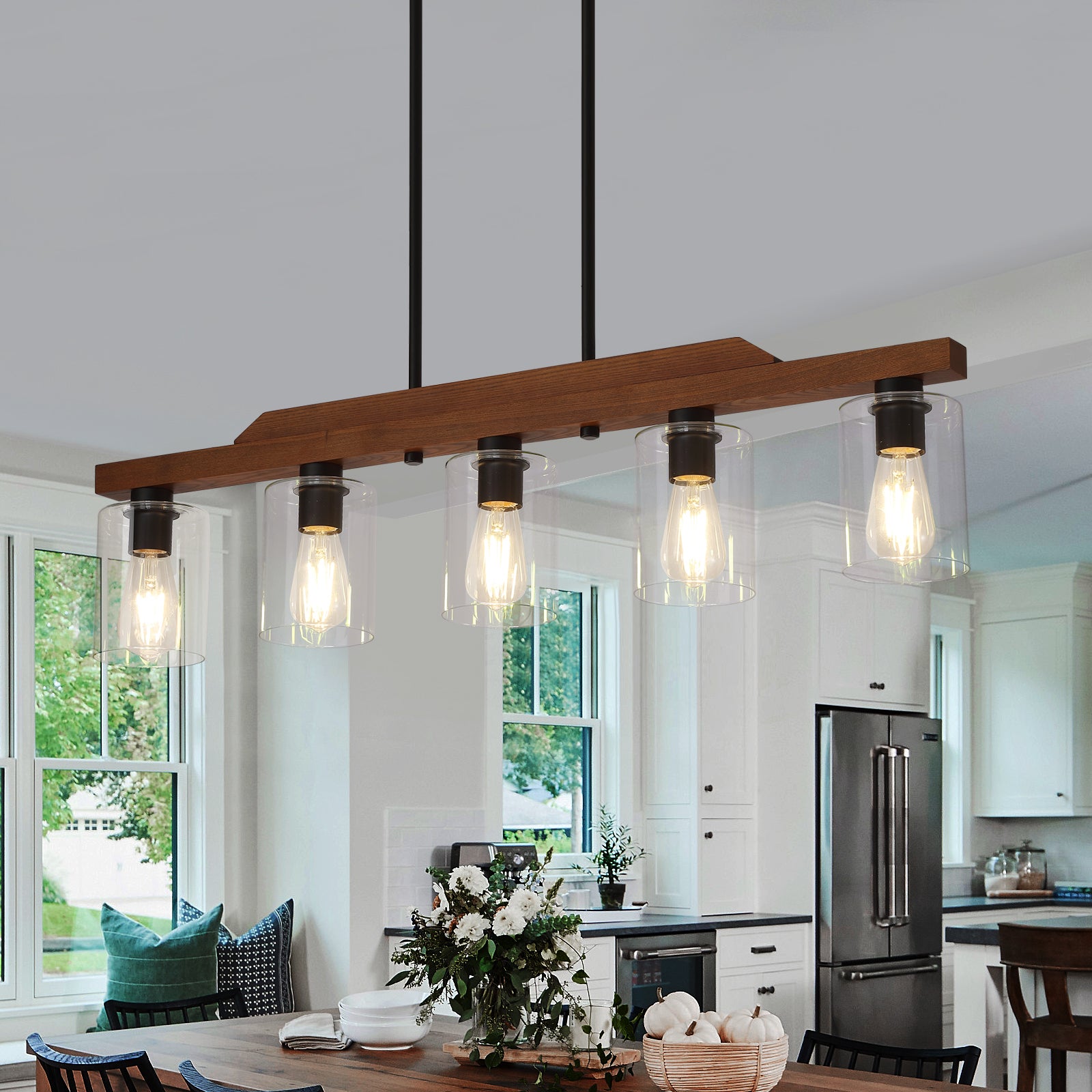 Q&S 3/5-Light Rustic Wood Kitchen Island Farmhouse Linear Pendant Ligh
