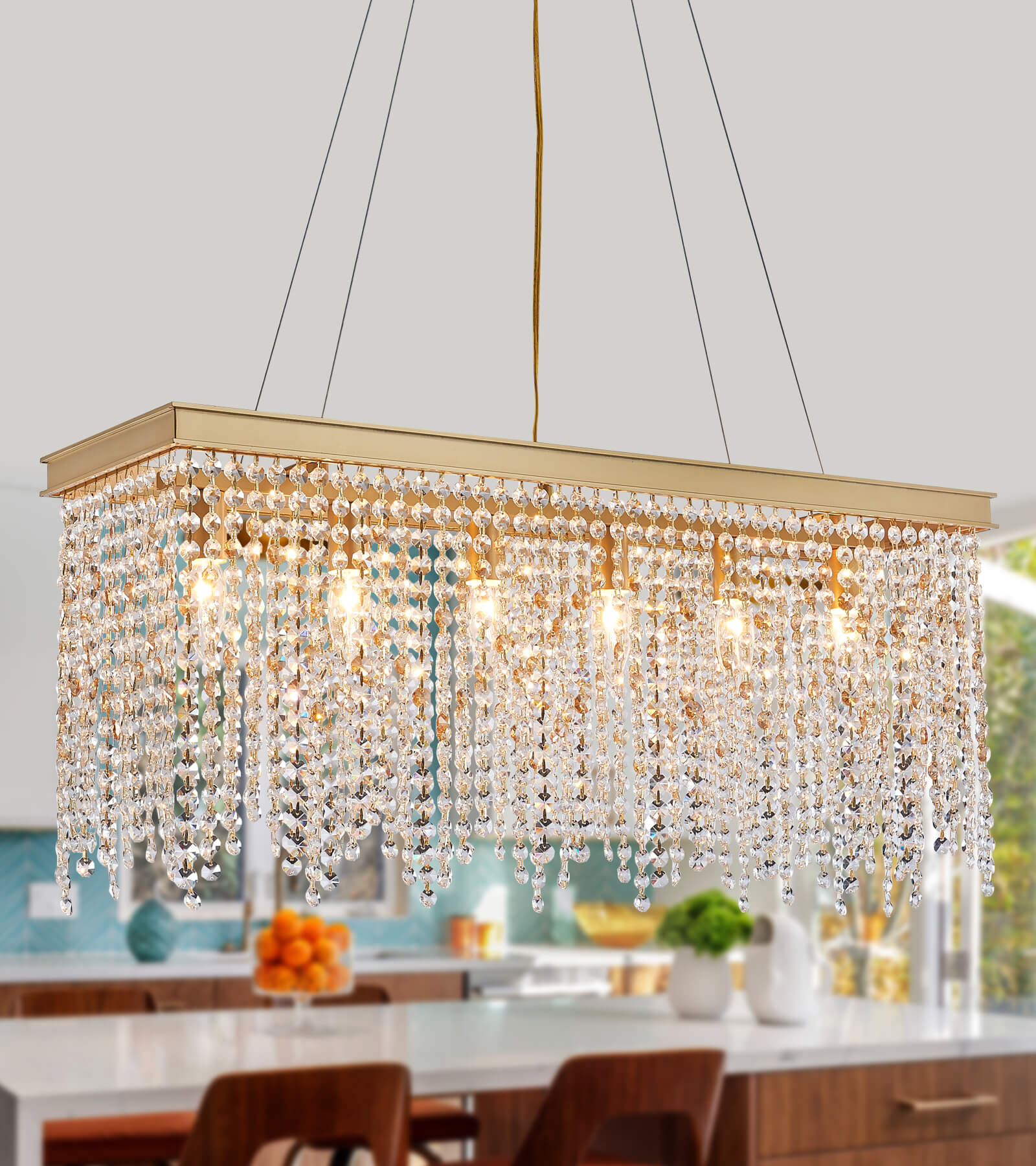 Q&S Gold Chandelier,Modern Industrial Antique Brass Square Crystal  Chandeliers 4 Lights Hanging Pendant Light Fixture for Dining Room Hallway  Entryway