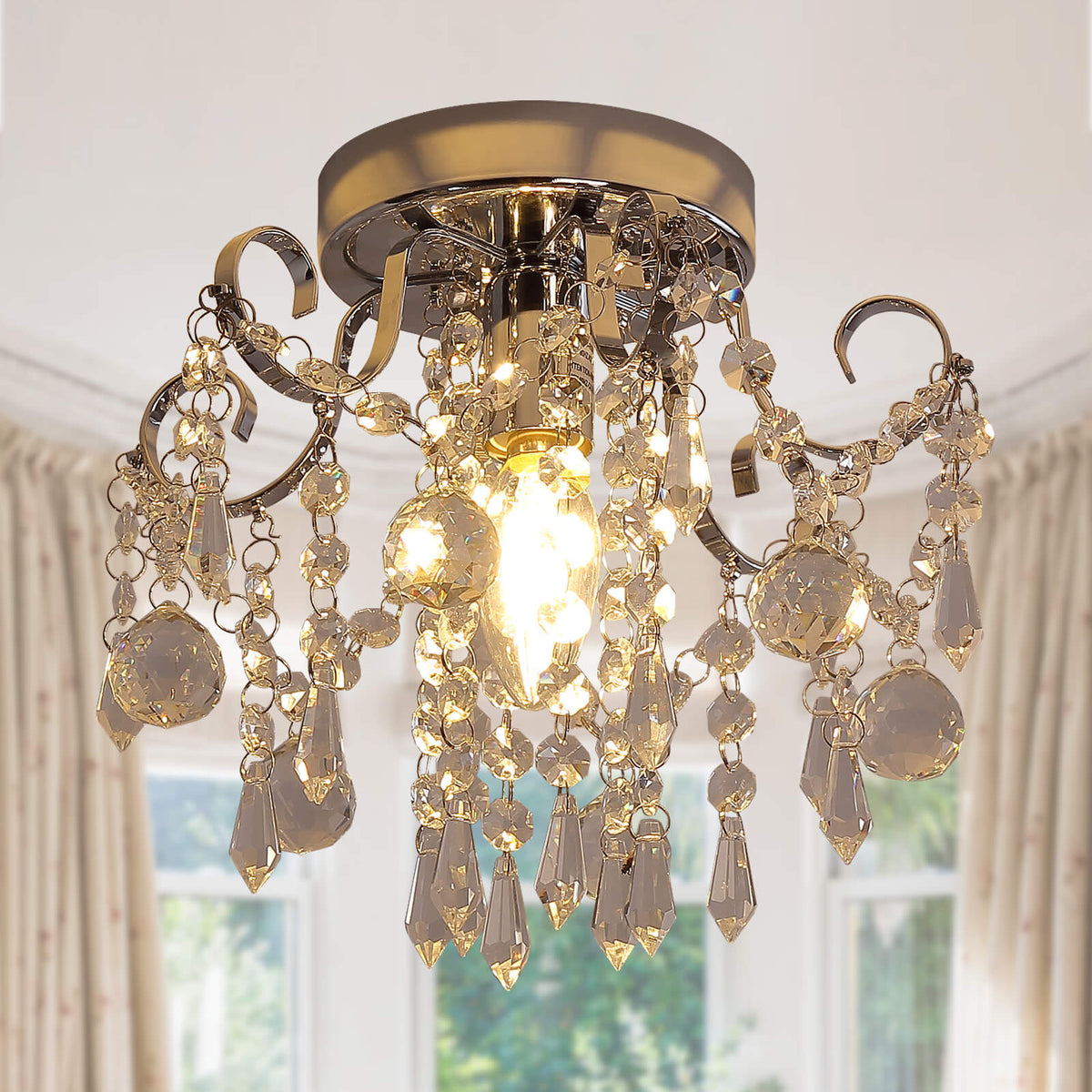 Q\u0026S 1-Light Mini Crystal Ceiling Light Fixture, image size:1200x1200