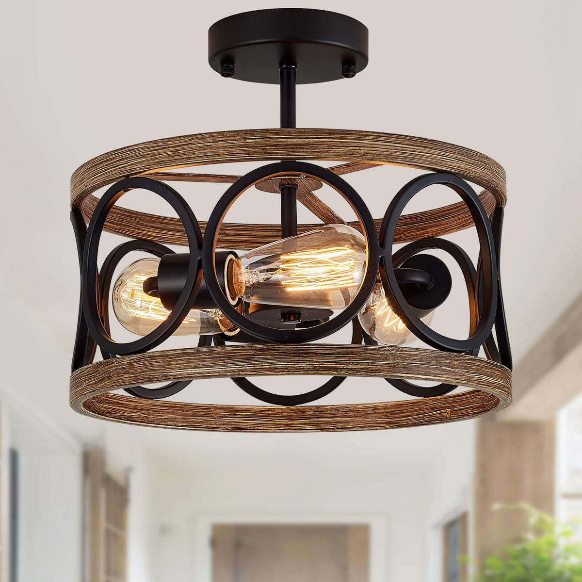 Modern Farmhouse 3-Light Black Flush Mount Light Foyer Drum Ceiling Light  with Clear Seeded Glass Shade and Cage Frame