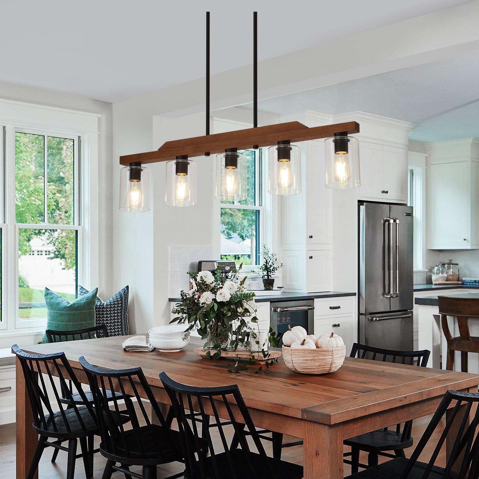 Q&S 3/5-Light Rustic Wood Kitchen Island Farmhouse Linear Pendant Ligh