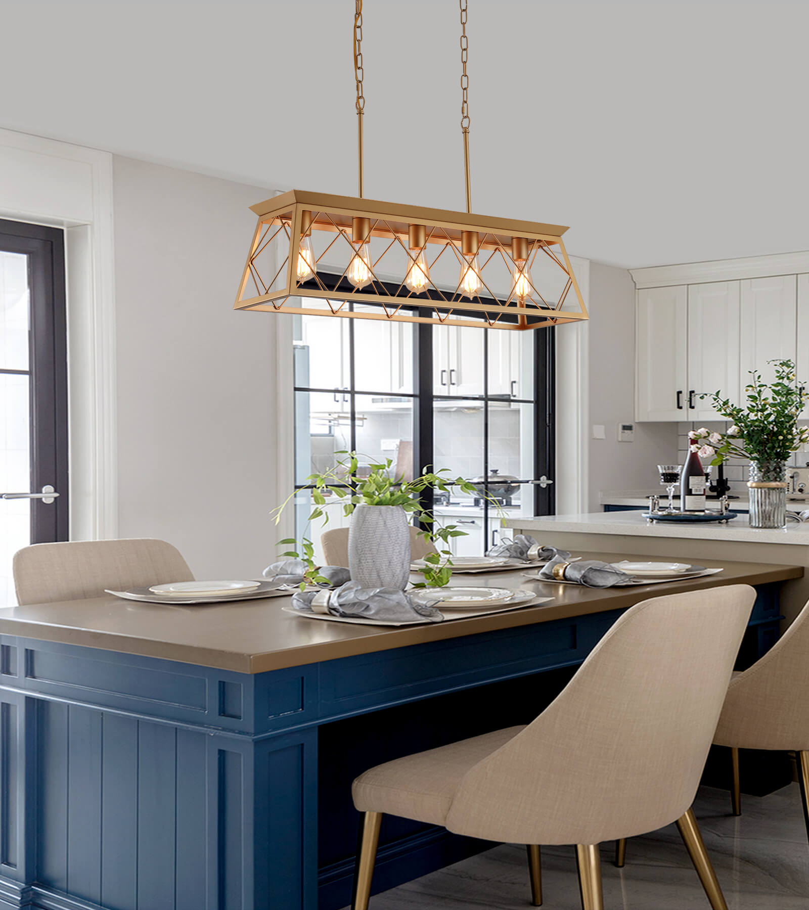 Farmhouse kitchen store lighting over table