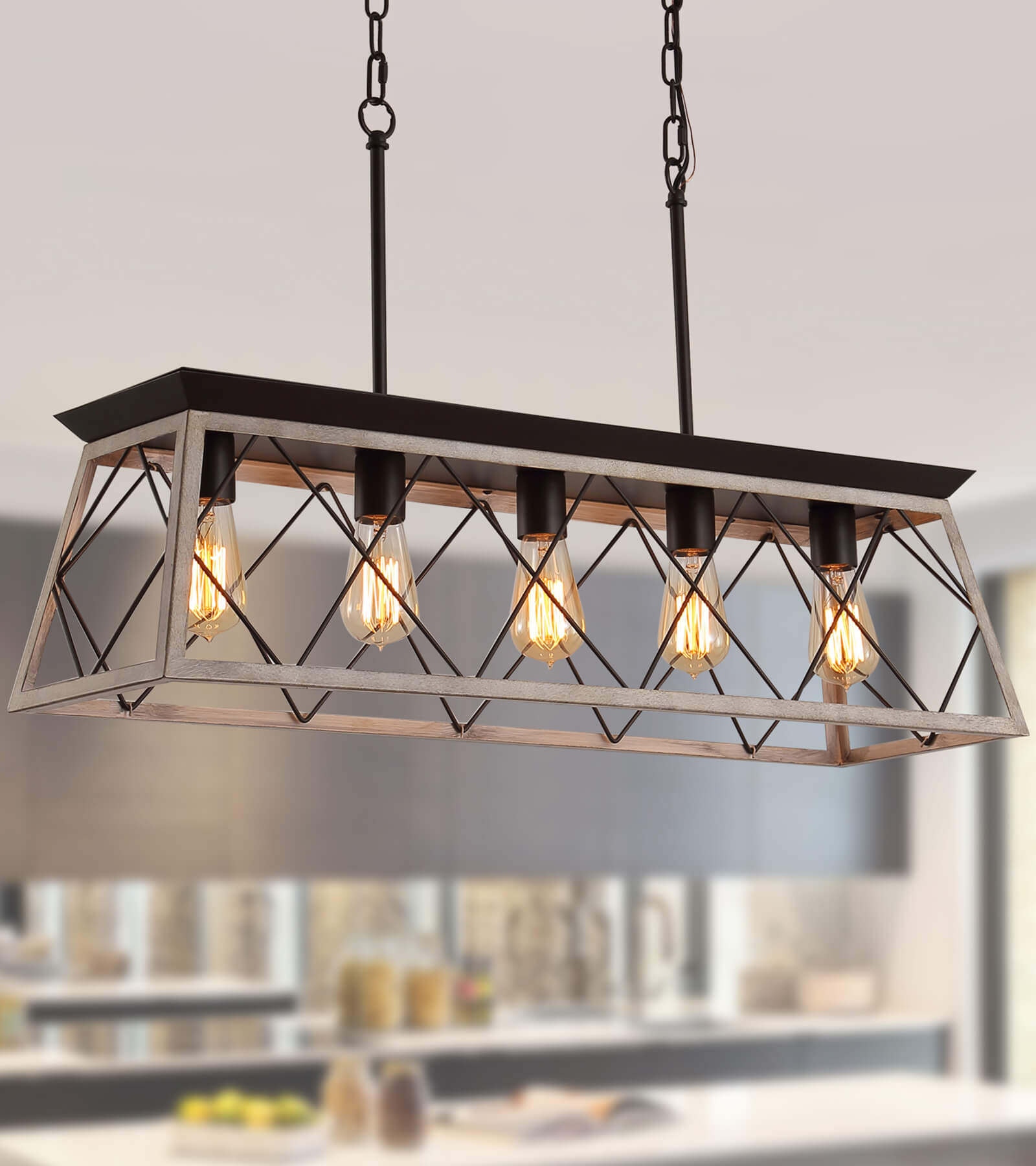 Farmhouse Rustic 5-Light Metal Linear Rectangular Chandelier Pendant Light For Dining Room