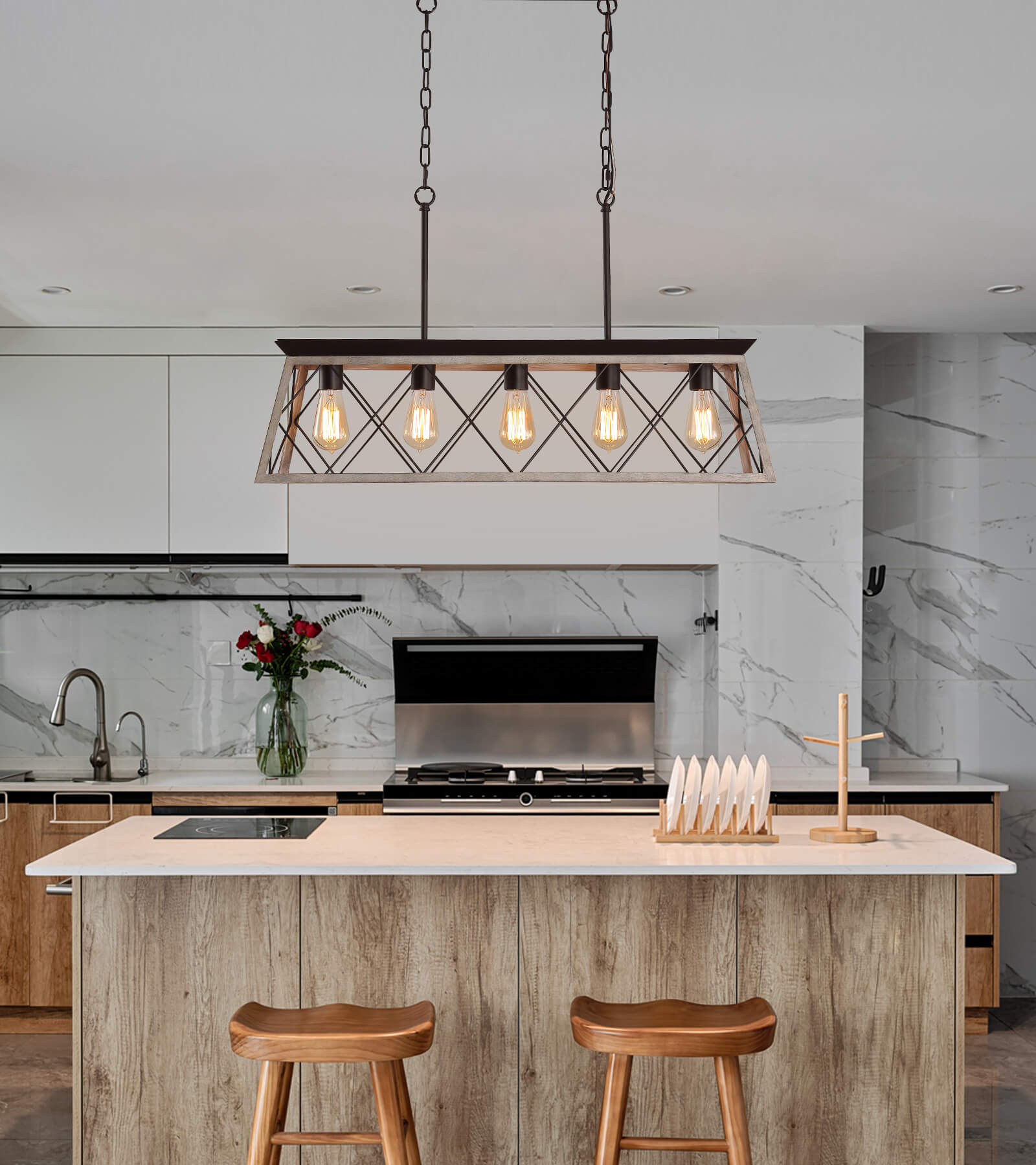 Rustic lighting store over kitchen island