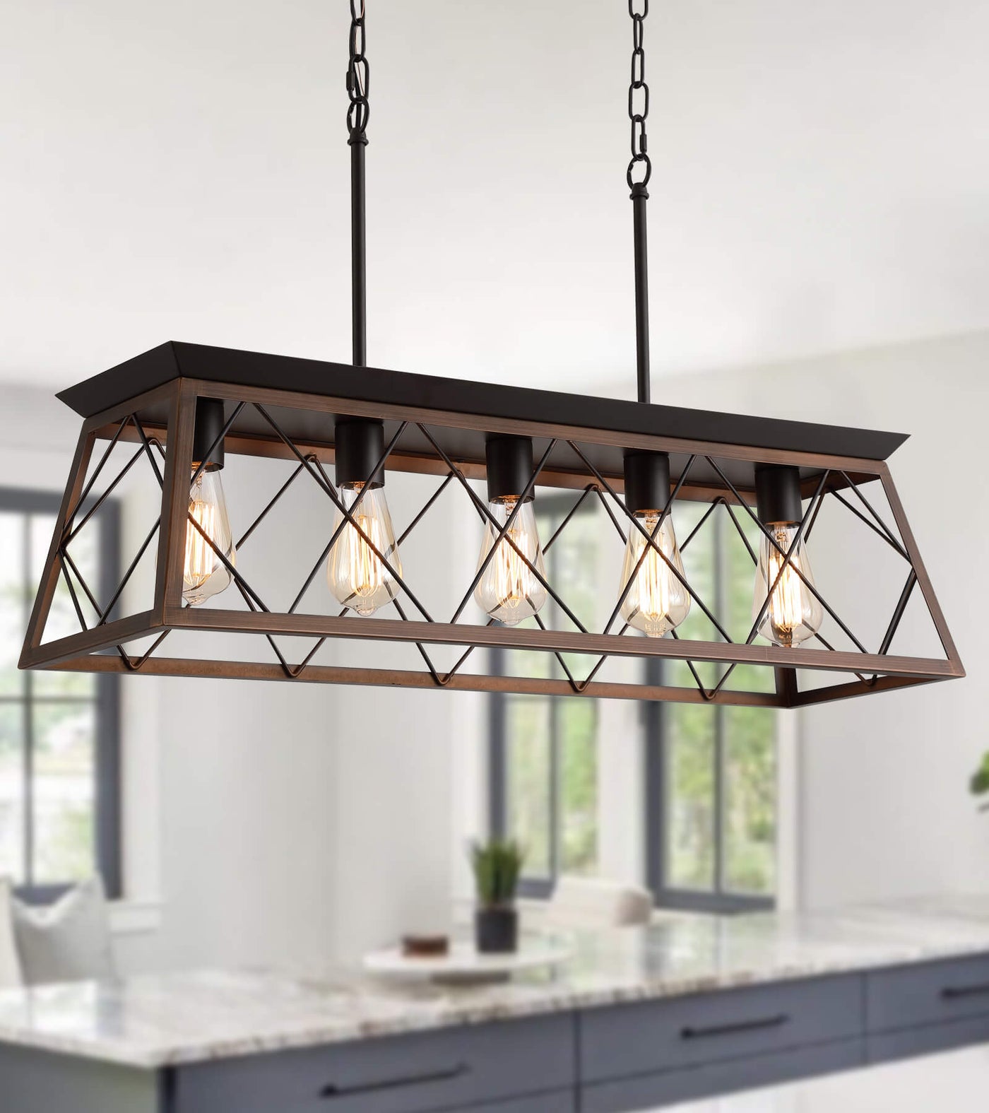 Farmhouse Rustic Metal 5-Light Linear Chandelier Dining Room Light