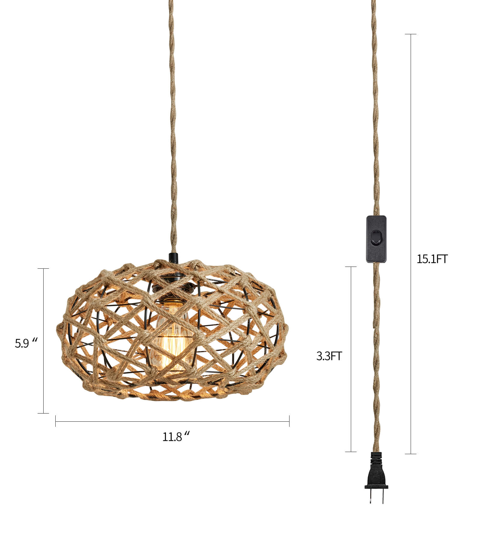 AMZASA Boho Coastal Rattan Rope Plug-in Chandelier Pendant Light