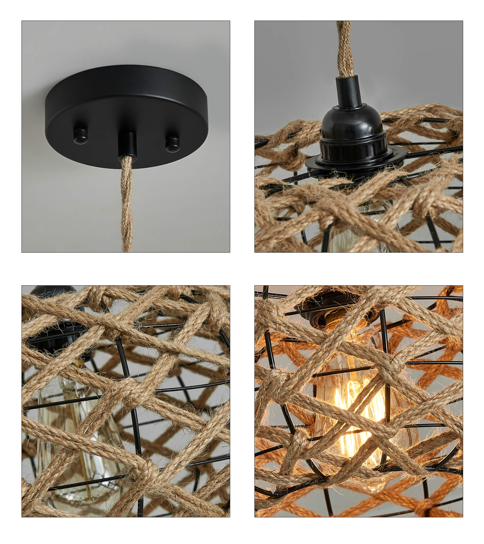 AMZASA Boho Coastal Rattan Rope Plug-in Chandelier Pendant Light