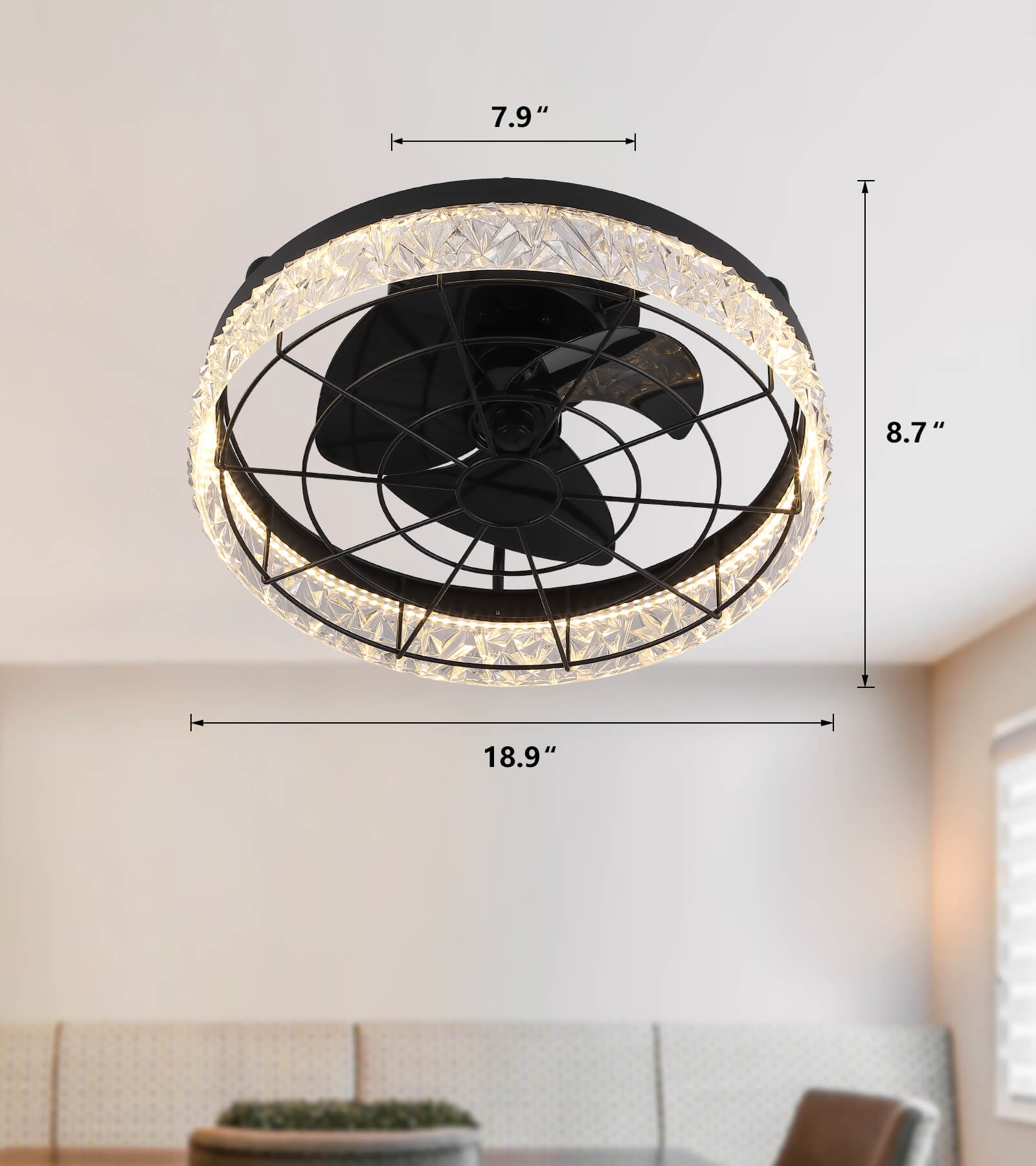 Modern Crystal Black LED Ceiling Fans with Lights & Remote with Crystal Edge Trim