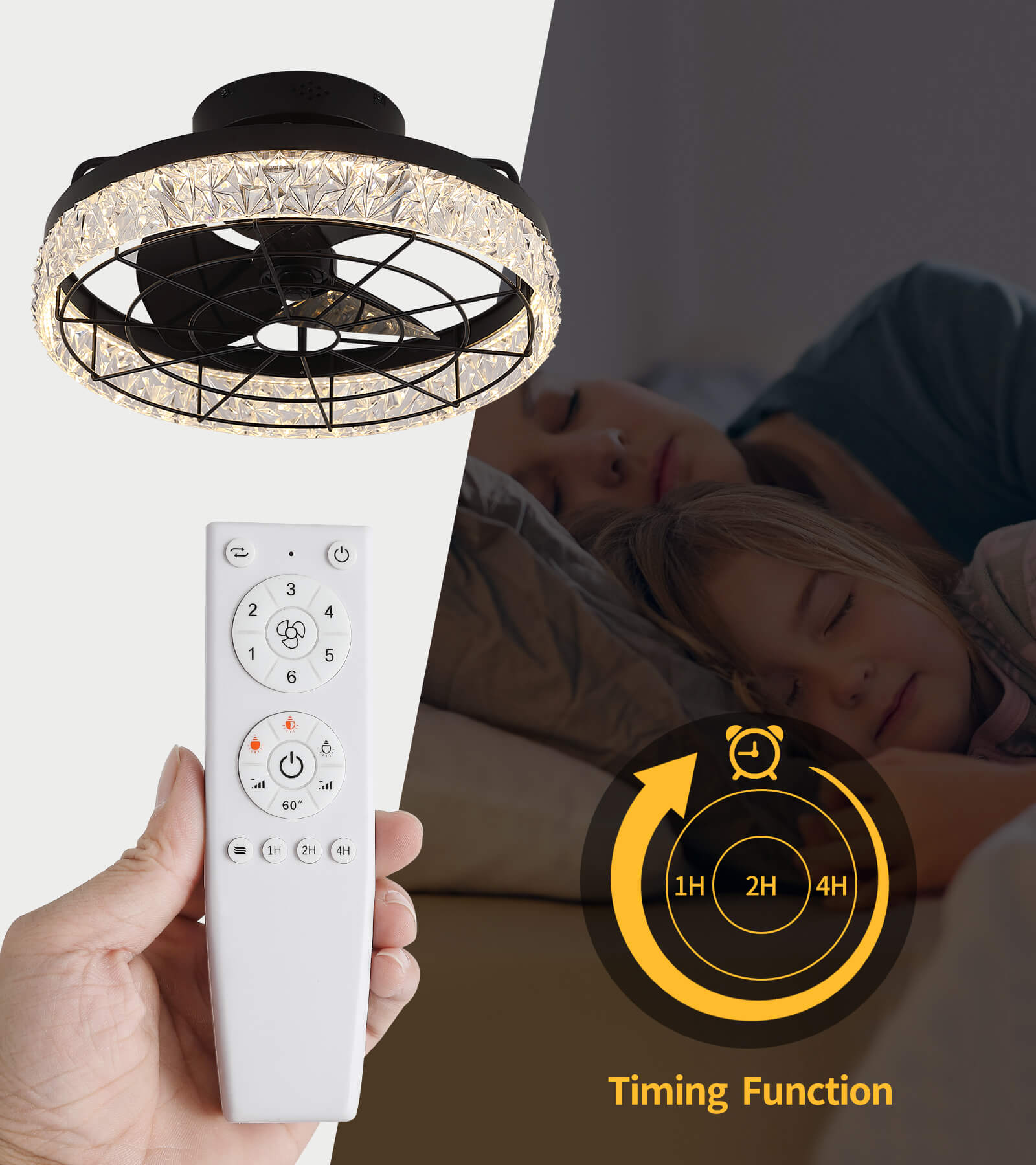 Modern Crystal Black LED Ceiling Fans with Lights & Remote with Crystal Edge Trim