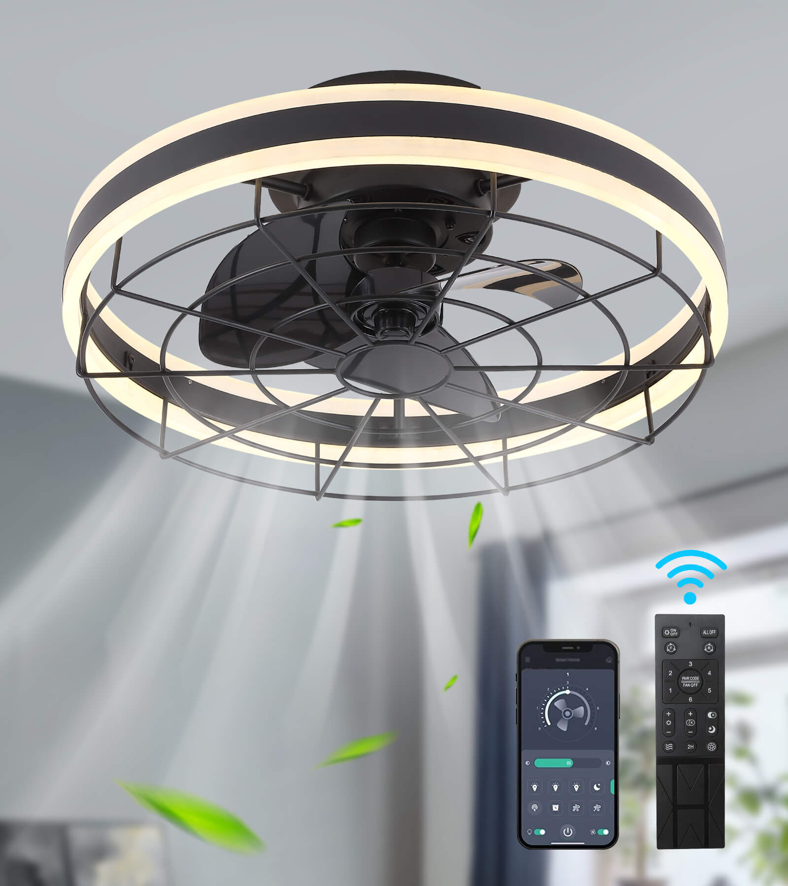 Modern Ultra-Quiet LED Low Profile Flush Mount Ceiling Fan with Light And Remote