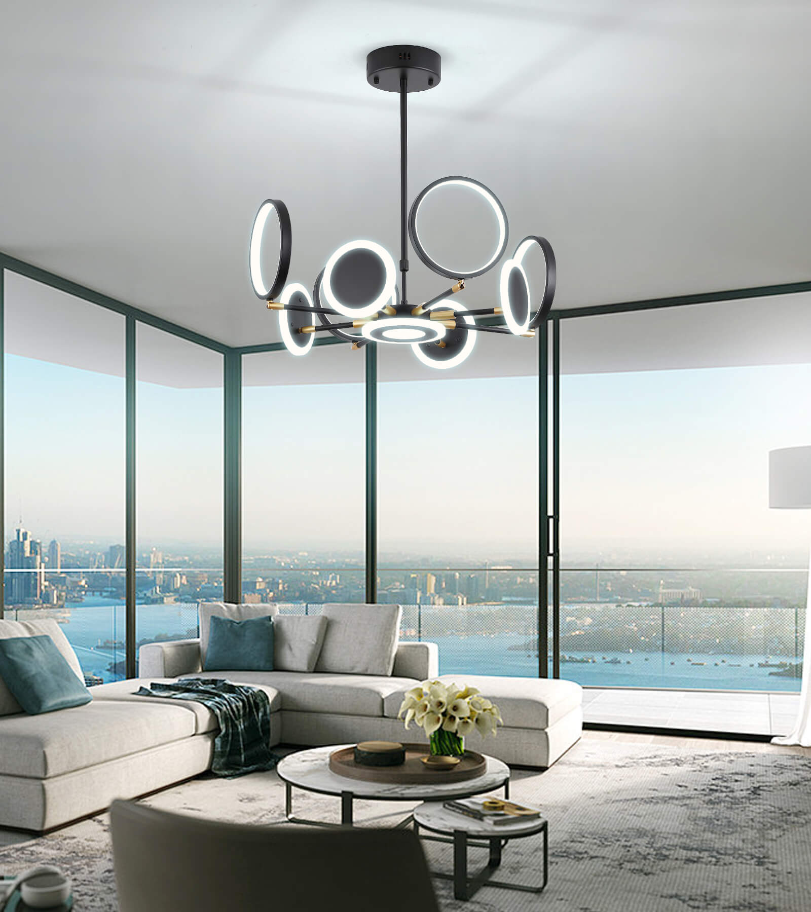 Modern Sputnik Light Fixture LED Black Gold Chandelier Pendant Light