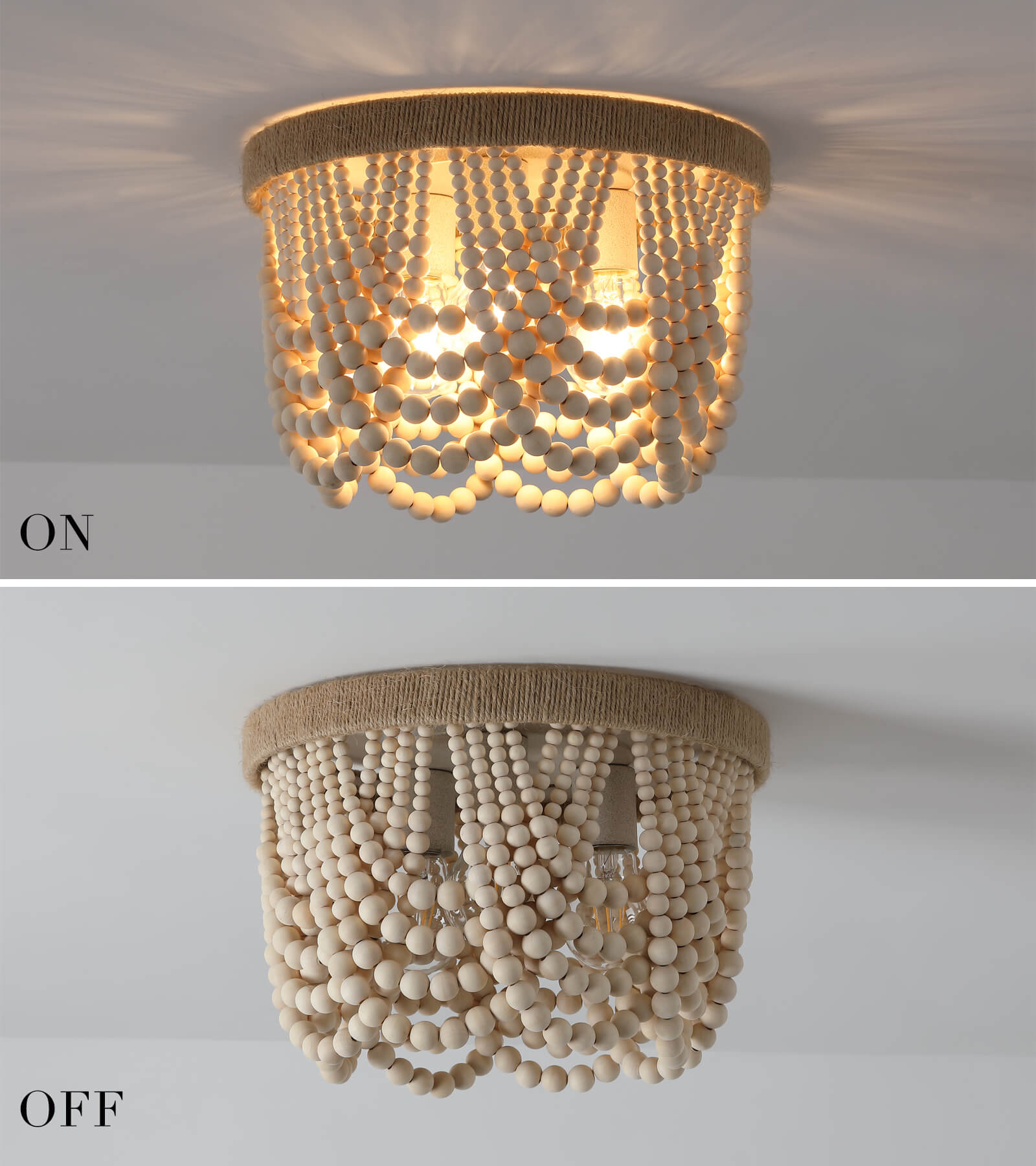 AMZASA Boho Wood Beaded Rattan Rope Flush Mount Ceiling Light