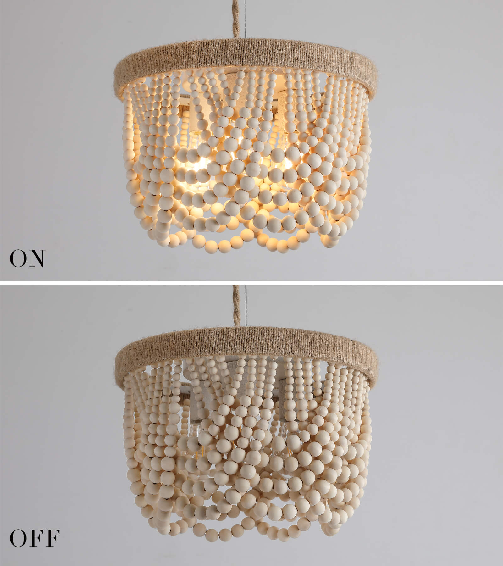 AMZASA Boho Wood Beaded Rattan Rope Flush Mount Ceiling Light