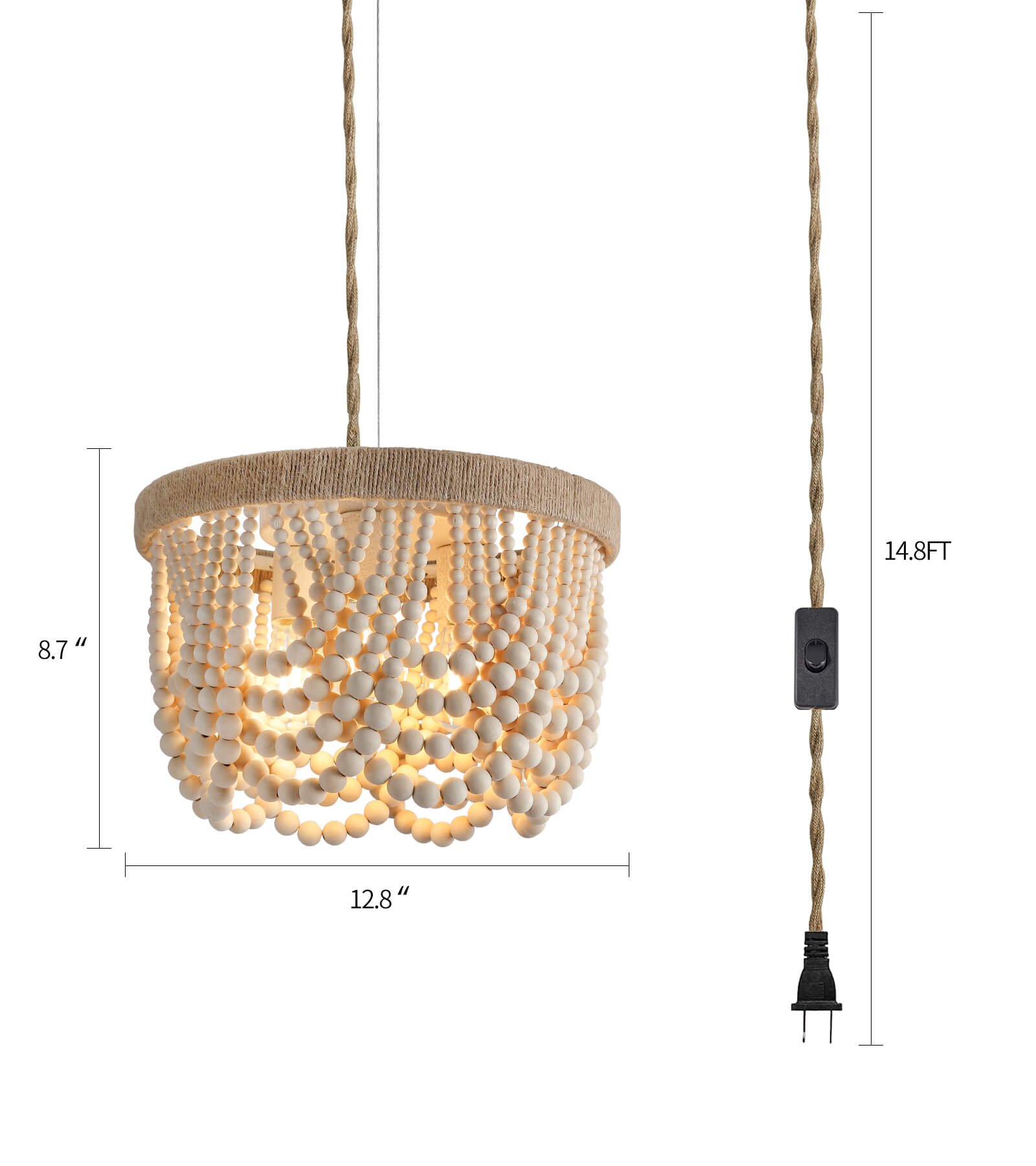 AMZASA Boho Wood Beaded Rattan Rope Flush Mount Ceiling Light