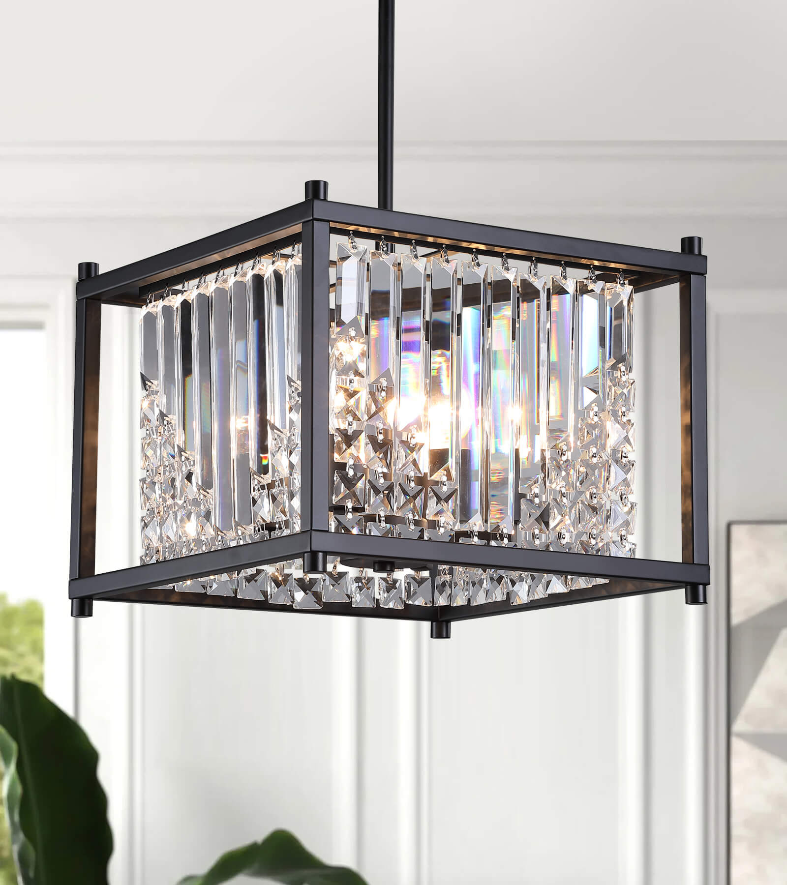 Modern Industrial Crystal Square 4-Light Chandelier Hanging Pendant Light